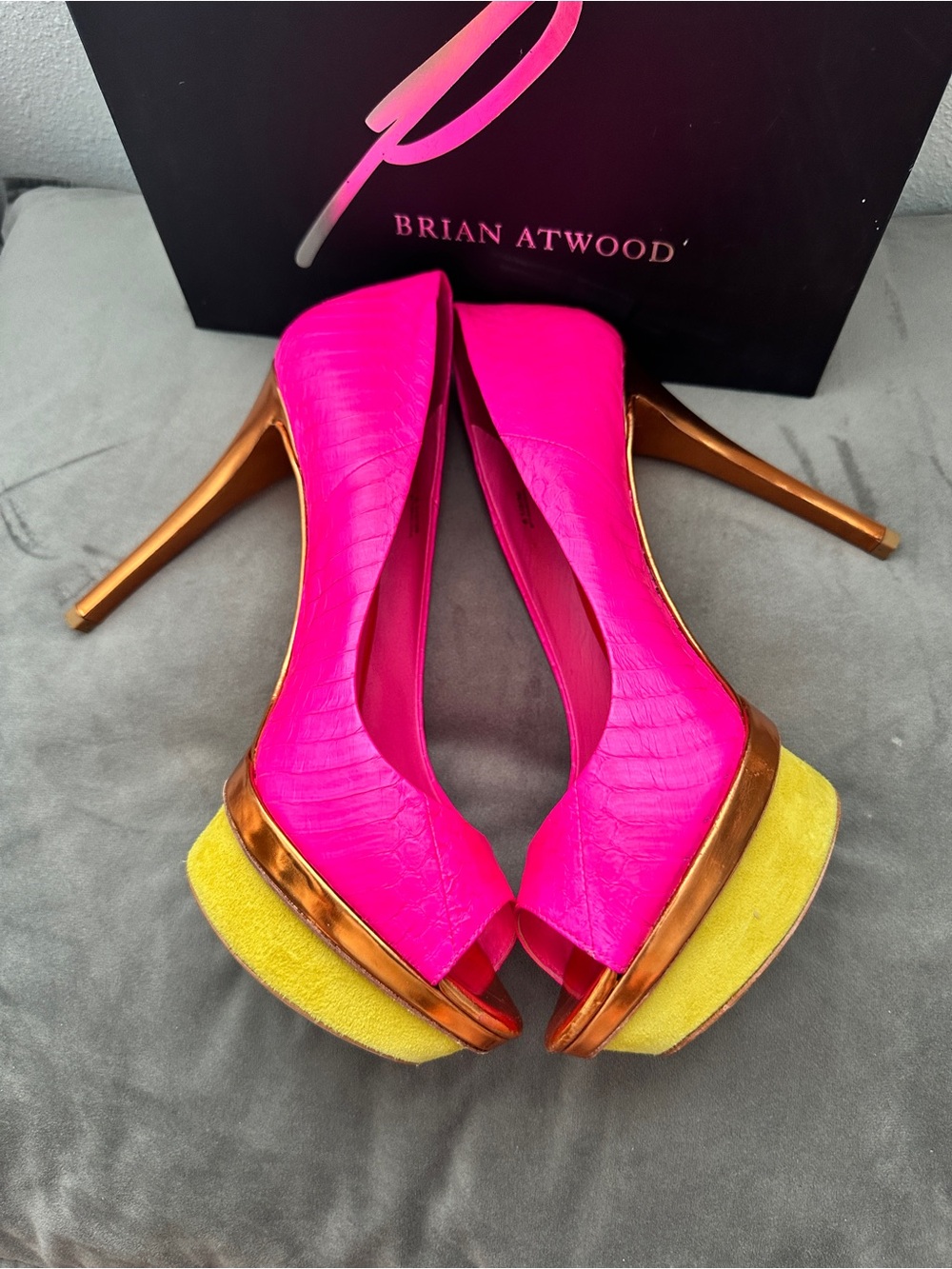 Brian Atwood Hot Pink, Gold and Yellow Peep-Toe Platform Pumps